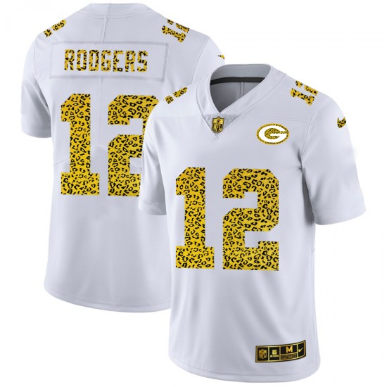 Green Bay Packers Aaron Rodgers 12 Nike Flocked Leopard Print White NFL Jersey